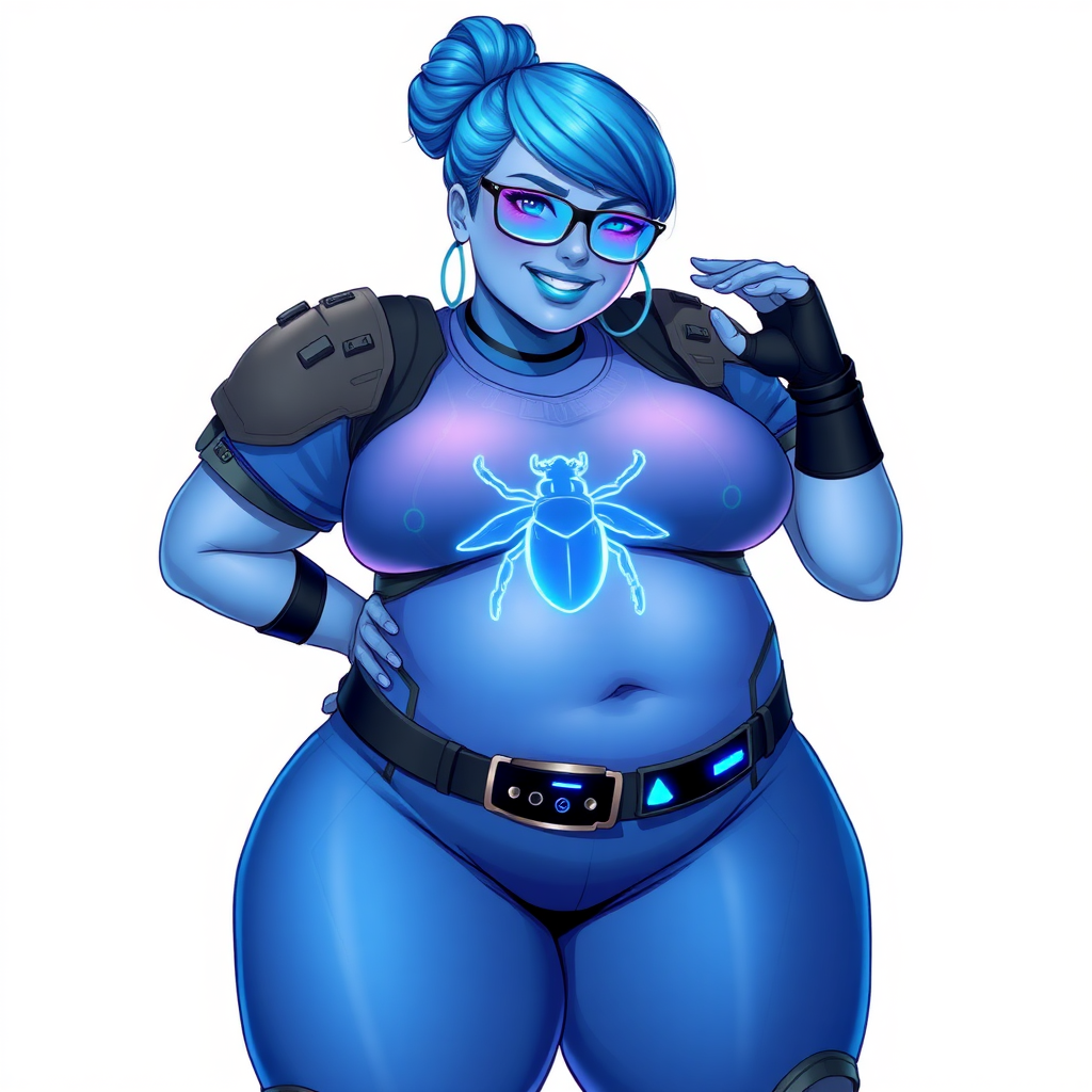 A 28-year-old, full-figured, vibrant, metallic maximum blue (5PB 5/10) skinned computer program hybrid with a tied bun of maximum blue hair. She has a non-athletic build, highlighted by a prominent, round, large midsection (with a full emphasis on her round large belly), which shows the effects of her love of junk food acquired from her boyfriend. As the full-figured, nerdy, digital sidekick to her cyberpunk vigilante boyfriend, her metallic maximum blue skin and maximum blue lipstick (5PB 5/12) emphasize her digital nature. Her skin has a subtle, animated glow, with digital patterns occasionally flickering across it, making her digital nature obvious. She wears a digital, computerized costume, consisting of a nano tech, gargantuan, tight-fitting, maximum blue t-shirt (5PB 5/12) with a neon blue glowing chest icon of a beetle, hi-tech shoulder pads with neon blue accents, a black hi-tech belt with a digital neon blue glowing buckle, digital maximum blue pants (5PB 5/12) with neon blue accents, and black hi-tech fingerless biker gloves with neon blue glowing accents. Her neon blue glowing eyes, black eyeglasses with neon blue glowing lenses equipped with a built-in HUD, and bashful smile with neon red blush accentuate her nerdiness. She stands bashfully with one hand behind her back and the other hand gently touching her cheek, her costume covering all her skin and fully emphasizing her full-figured physique (especially her midsection). She is clearly non-athletic, with a focus on her full-figured physique. Despite her build, she radiates beauty. She has a slim face compared to her physique, accentuating her radiant beauty. She is on a solid white background. She is drawn as if she were in a retro 2D cyberpunk fighting game. Ensure her skin has a maximum blue (5PB 5/10) skin tone.