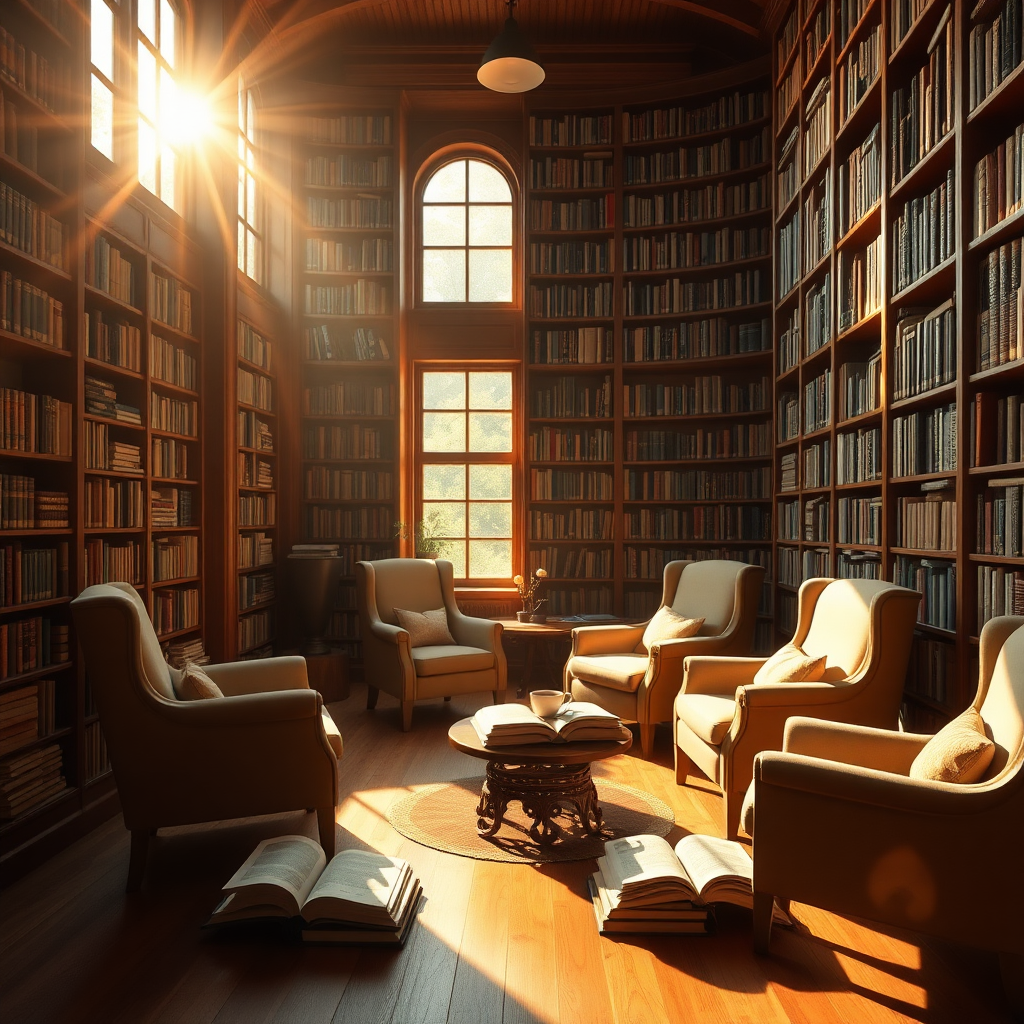 (cozy, book-filled library bathed in afternoon sunlight, peaceful reading space) (best quality), (masterpiece), (ultra-detailed), (inviting, warm interior), a cozy library with towering shelves full of books, all bathed in the soft, warm glow of the afternoon sun. The large windows let in natural light, casting golden beams across the polished wooden floors. Comfy armchairs are placed strategically around the room, inviting readers to sit and lose themselves in a book. The scent of old books fills the air, and a sense of calm pervades the space. A small table near the window holds a cup of tea and a stack of freshly opened books, adding to the inviting atmosphere.