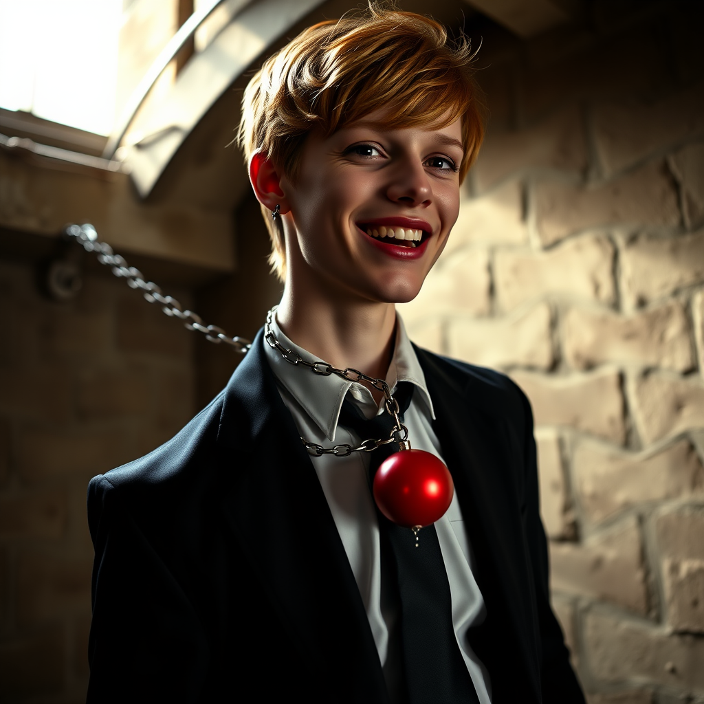 photorealistic, ultra high resolution, 16K, surreal fantasy, soft studio lighting, Tyler Swift is a pretty 18 year old goth male, slim male physique, auburn hair, goth makeup, earrings, shiny black pantyhose, school uniform shirt tie and blazer, Mary-Jane shoes, spikey neck collar chain and leash, red ball-gag, in a dungeon, the end of the leash is chained to the wall, in daylight, excited open mouth smile, drooling a stream of saliva, facing the camera.