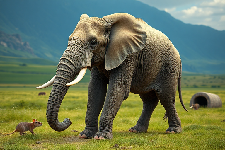 Create a full-length photorealistic image featuring an elephant that has the musculature and silhouette of a mouse. The elephant's head remains intact, complete with detailed facial features. Its skin retains the texture of an elephant while incorporating soft fur reminiscent of a mouse. The background blends elements inspired by both animals, showcasing a unique habitat, combining verdant grasslands and open spaces with hints of a cozy, burrow-like environment.