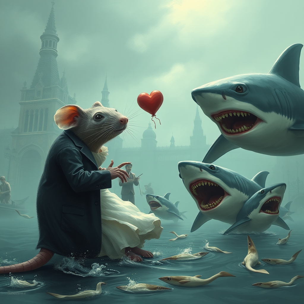 A rat wedding being attacked by hammerhead sharks, no text, Lovecraftian, sci-fi, in Amsterdam