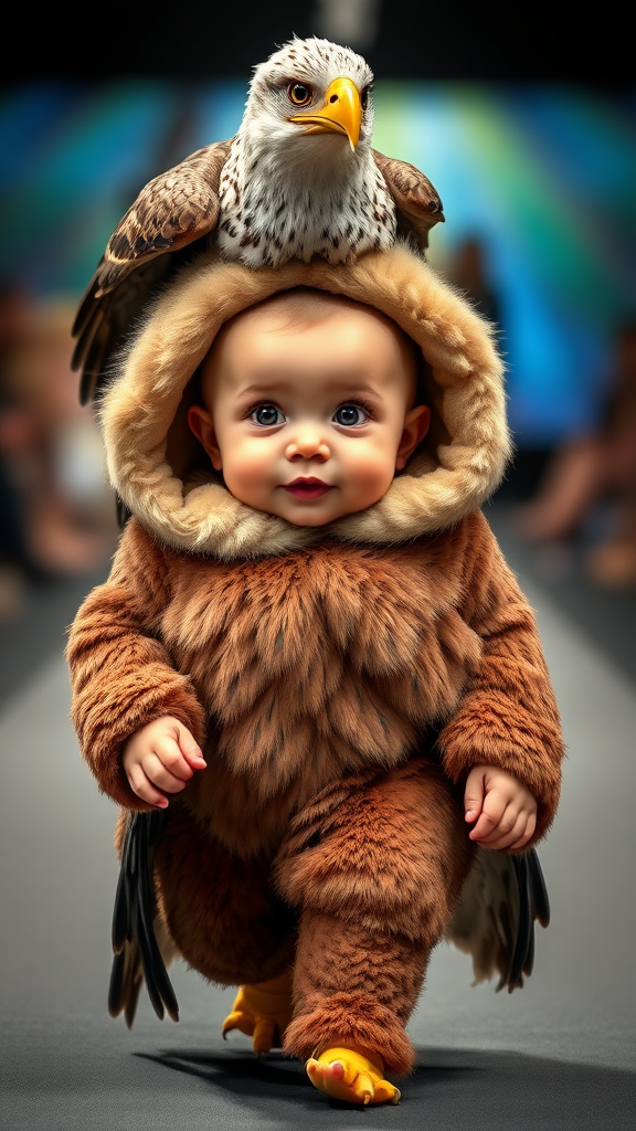 A cute small chubby fair baby with big eyes, pink lips, and pink cheeks, wearing a furry cozy eagle costume, doing a ramp walk in a fashion show while walking with a real eagle. A cinematic eagle is sitting on the baby's head.