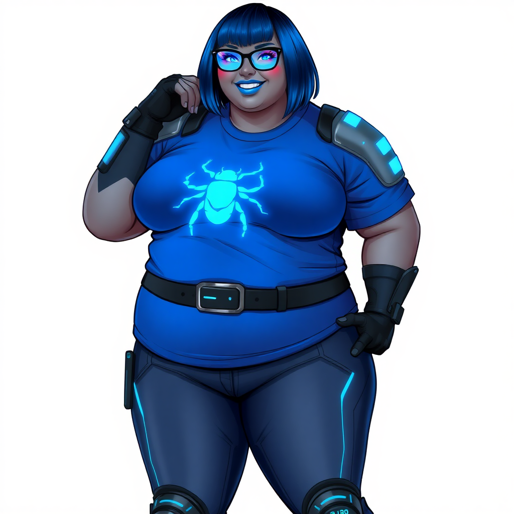 A 28-year-old, full-figured, metallic middle gray (N5) skinned computer program hybrid with a maximum blue bob cut. She has a full-figured, non-athletic build, highlighted by a prominent, round, large midsection (with full emphasis on her large belly), which shows the effects of her new love of junk food acquired from her boyfriend. As the full-figured, nerdy, digital sidekick to her cyberpunk vigilante boyfriend, her metallic middle gray (N5) skin and maximum blue lipstick emphasize her digital nature. She wears a digital, computerized costume, consisting of a huge, tight-fitting, maximum blue t-shirt with a neon blue glowing chest icon of a beetle, hi-tech shoulder pads with neon blue accents, a black hi-tech belt with a maximum blue beetle digital buckle, digital maximum blue biker pants with neon blue accents, and black hi-tech biker gloves with neon blue glowing accents. Her neon blue glowing eyes, black eyeglasses with neon blue lenses equipped with a built-in HUD, and bashful smile with neon red blush accentuate her nerdiness. She stands bashfully with one hand behind her back and the other hand gently touching her cheek, her costume covering all her skin (including her large midsection) and heavily emphasizing her full-figured physique (especially her large belly). She is clearly non-athletic, with a full focus on her full-figured physique. Despite her full-figured build, she radiates beauty. She has a slim face compared to her physique, accentuating her radiant beauty. She is on a solid white background. She is drawn as if she were in a retro 2D cyberpunk fighting game. Ensure she has a metallic middle gray (N5) skin color.