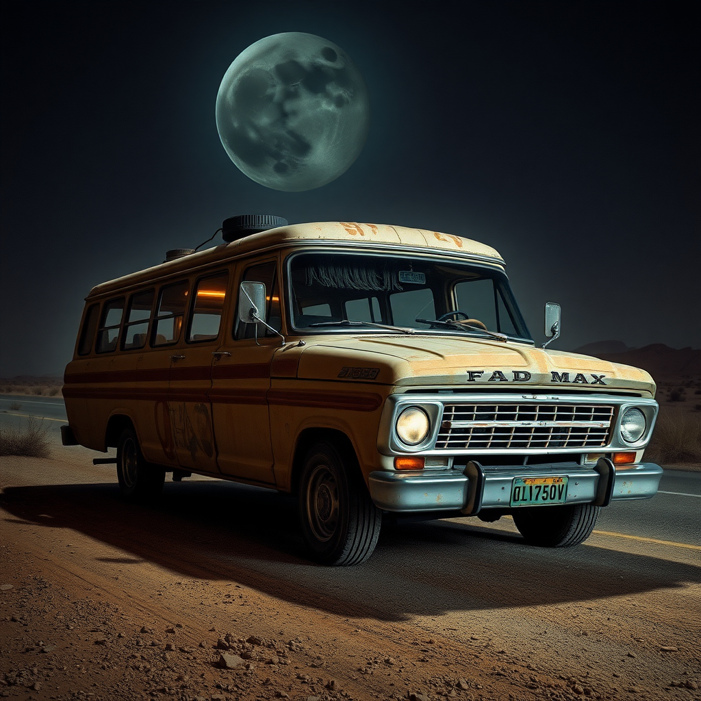 Ford Falcon Mad Max post Indian apocalyptic night dust rusty the bus is parked on the side of the road, inspired by Taiyō Matsumoto, tumblr, restomod, nd4, c4