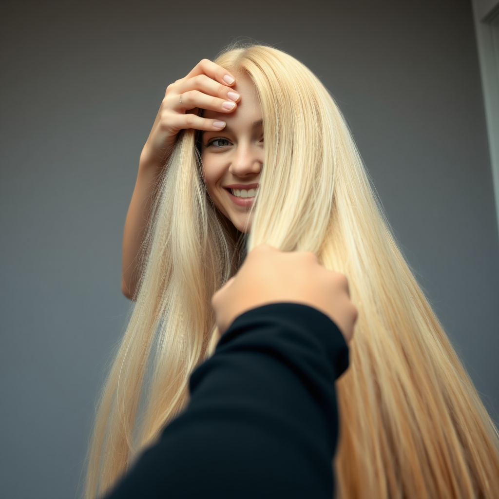 POV, beautiful very long haired blonde woman sitting in a hair salon smiling at the camera while I reach out from behind the camera to massage her scalp. My fingers are digging into her hair rubbing her scalp while her hair is covering my hands. 
Plain gray background.