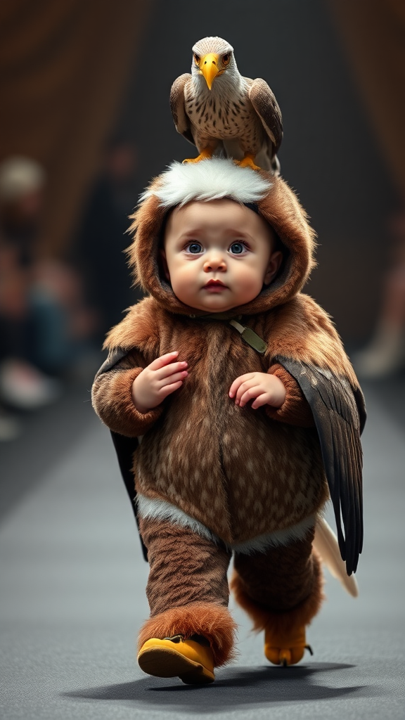 A cute small chubby fair baby with big eyes, pink lips, and pink cheeks wearing a furry cozy eagle costume doing a ramp walk in a fashion show, walking with a real eagle, cinematic eagle sitting on the baby’s head.