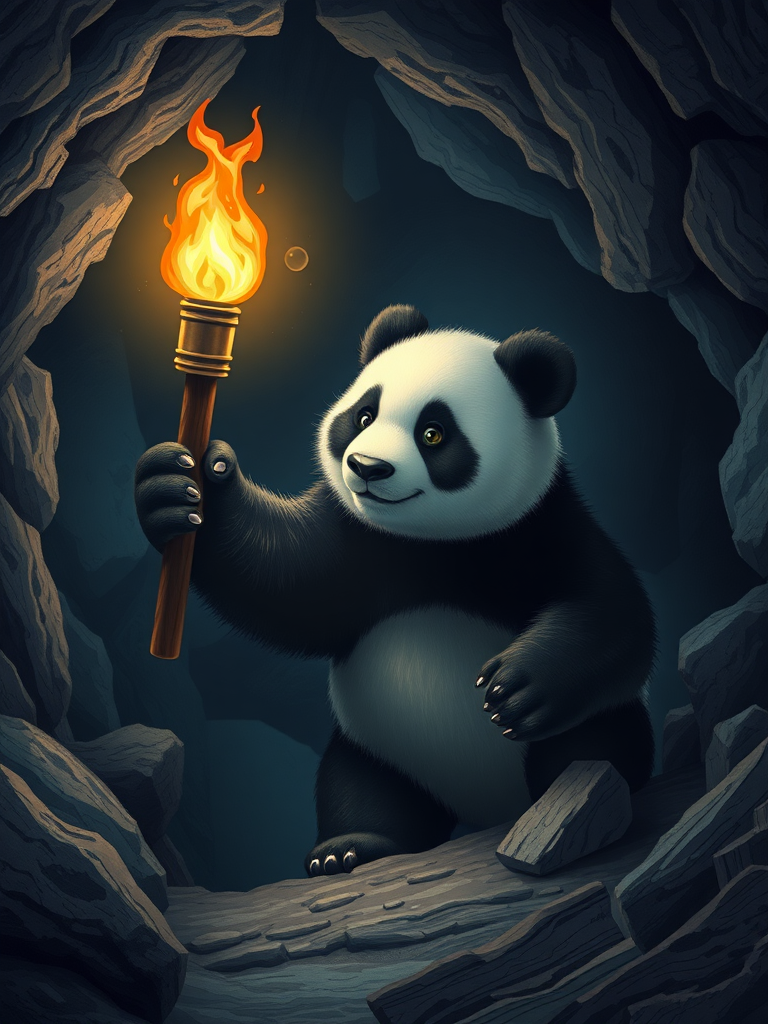 A photo realistic picture of a panda holding a torch while exploring a dark cave.