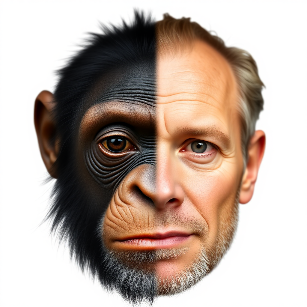 Face front.
Left side of a chimpanzee's face and right side the face of a man.
Two faces in one.