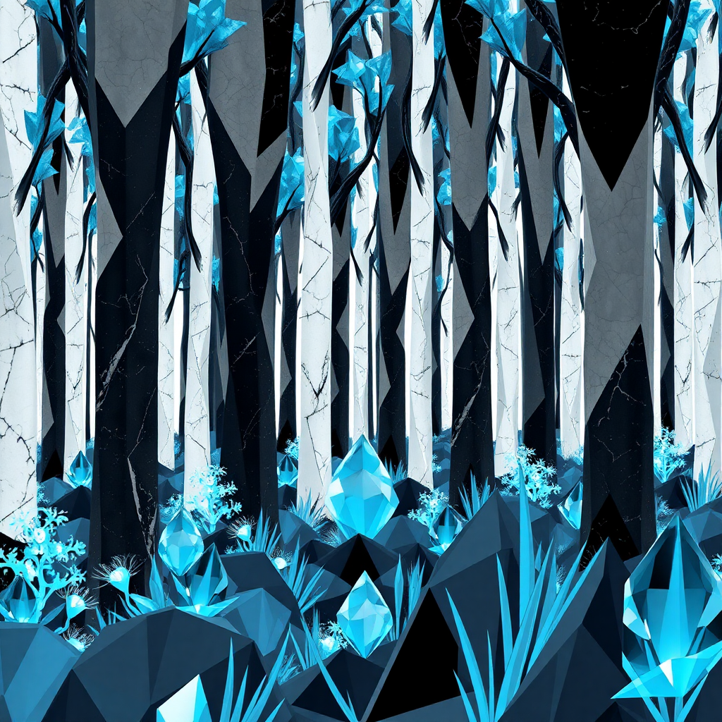 A surreal, abstract forest composed entirely of geometric shapes. The trees are formed from tall, angular columns of black and white marble, their trunks and branches segmented into sharp, precise patterns. The leaves are represented by translucent blue crystalline polygons, radiating a soft glow. The ground is covered with geometric shrubs, made of sharp-edged, interlocking black and white shapes, while delicate blue crystal flowers bloom as intricate, faceted shapes. The grass is made of sleek, thin crystalline shards, standing upright like elongated triangles. The entire scene feels otherworldly, with a minimalist, clean aesthetic of geometric forms interacting harmoniously in a silent, serene atmosphere.