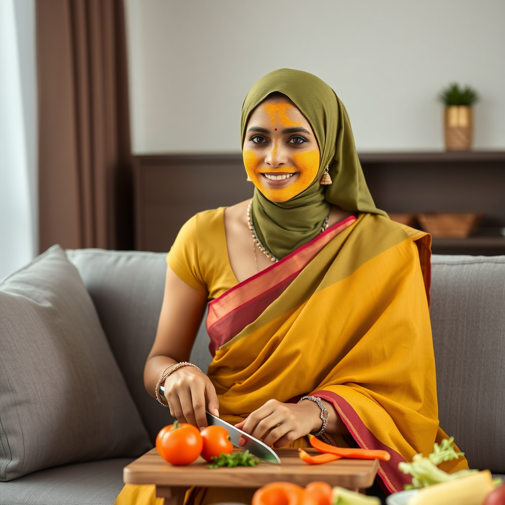 Slim, 30-year-old, modern Indian wife with saree and hijab, turmeric paste on her face. She is sitting on a sofa and cutting vegetables.