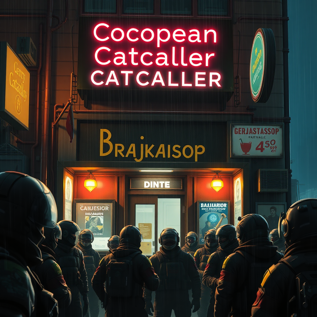 A crowd of pilots gathering in front of a bar in a mechwarrior city. Sign with "Canopean Catcaller" in neon above the door. Night, raining, realistic, lens flare. Advertisement for a drink called "Brajkaisop".