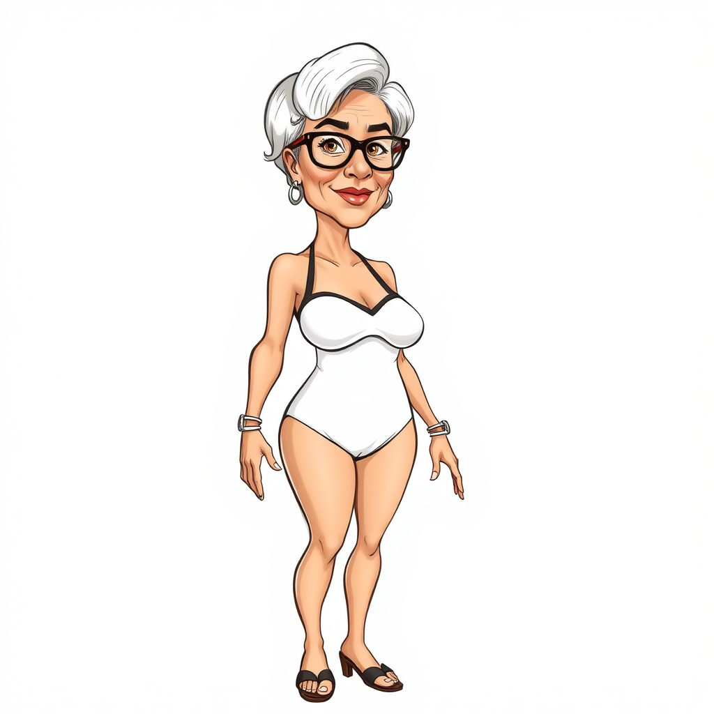 a towering 55 Years old, fit, slim, European, Latina, sharp aquiline nose, wrinkles, high cheekbones, Middle Eastern, Skinny, Tanned skin, Dark light skin, Rounded Medium breasts, Skinny thighs, full Makeup, jewelry, Serious face, Sharp nose, Ash hair, short bowl haircut, Brown eye color, Glasses, with detailed features. she is wearing black balconette bras and a white open front high cut slingshot swimsuit, detailed fabric.  full body, high heels sandals, she is gesturing at the viewer, 
long establishing shot, 2D, caricature, cartoon, Sketch lines, coloring book, nlack and white, coloring book style on white background, well composed, clean coloring book page, No dither, no gradient, strong outline, No fill, No solids, vector illustration, realistic proportions