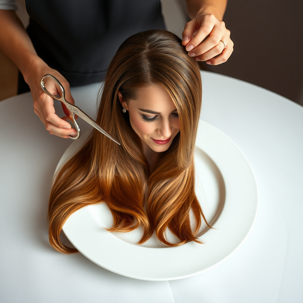 In a bizarre, surreal tableau, the polished surface of an elegant dining plate cradles the disembodied head of a strikingly beautiful Kate Middleton, her long, flowing hair cascading like a glossy waterfall of deep chestnut and honey highlights. The hair is luxuriously arranged, strands shimmering under the soft, ambient light that bathes the scene in an ethereal glow.

A skilled hairdresser, clad in a sleek black apron, stands poised with a pair of gleaming scissors, carefully trimming the endlessly luxurious locks that frame Kate's serene, almost ethereal features. The air is thick with the scent of salon products mingling with delicate hints of floral fragrances, creating an unusual yet strangely inviting atmosphere. The hairdresser's focused expression reveals a meticulous dedication as snippets of hair fall gracefully onto the pristine plate, echoing a sense of both artistry and absurdity.

The overall emotional tone conveys a dreamlike quality, inviting viewers to ponder the juxtaposition of beauty, identity, and the bizarre circumstances that bind them in this extraordinary moment.