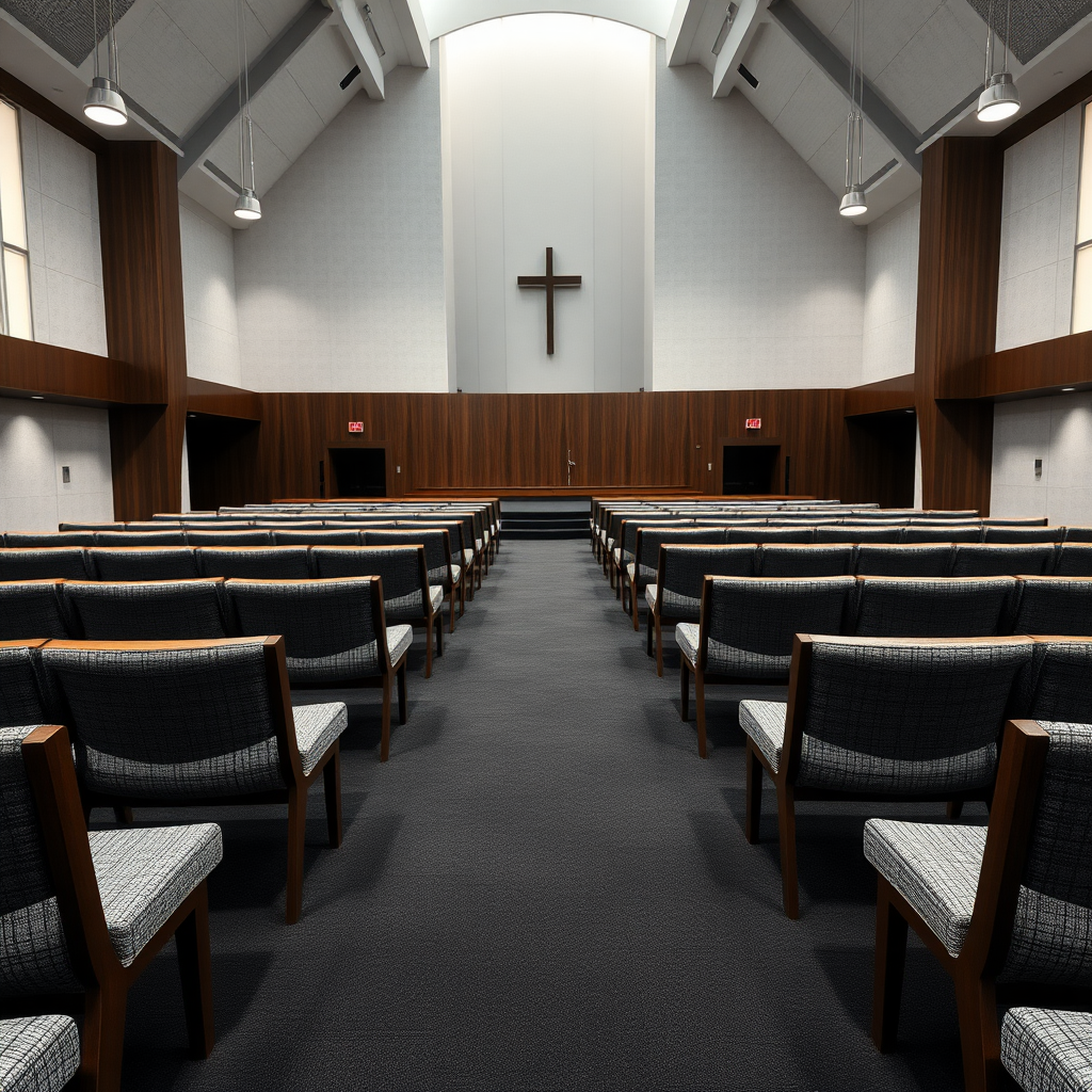 Give me grey fabric benches with a dark wooden frame that are inside a big modern church. The carpet of this church is dark grey. The pulpit is black. don't do chairs, do benches. I said no chairs.