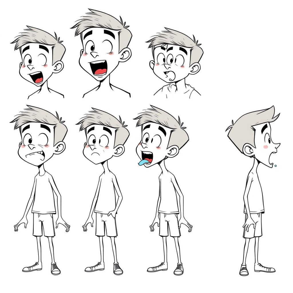 multiple views with progression, character design sheet, short, excited, amazed, open mouth, 15 year old european skinny boy, drooling, detailed features, long establishing shot, 2D, caricature, cartoon, Sketch lines, coloring book, coloring book style on white background, well composed, clean coloring book page, No dither, no gradient, strong outline, No fill, No solids, vector illustration, side view, vector illustration, empty space around each view, movement lines