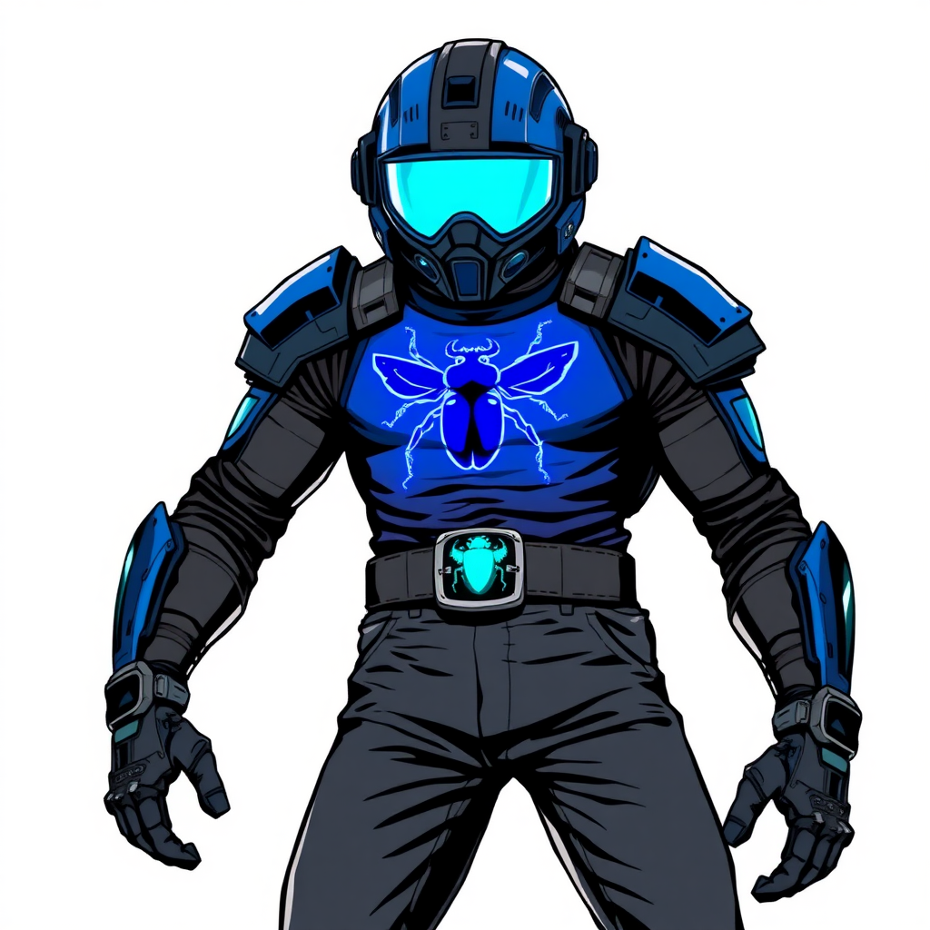 A 28-year-old cyberpunk vigilante stands heroically, clad in a high-tech armored, maximum blue biker shirt featuring a neon blue glowing beetle on the chest. They wear black biker pants, a black belt with a sapphire beetle buckle, and a maximum blue full dome helmet with maximum turquoise lenses. Their hands are protected by black metal gloves, all set against a solid white background. He is drawn as if he was in a retro 2D cyberpunk fighting game.