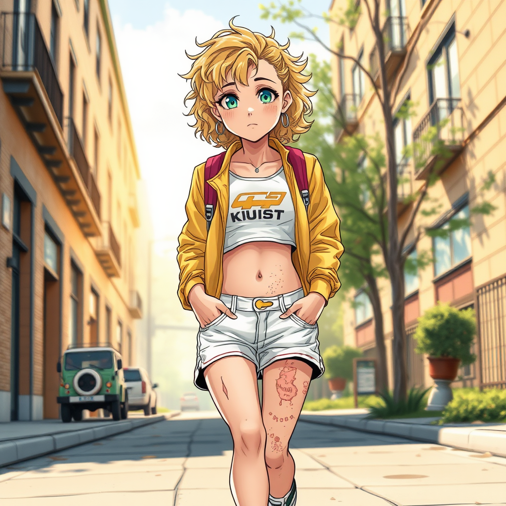 Realistic drawing style image, Extremely good quality 8k resolution drawn manga image of a 15 year old petite and short tomboy girl with golden blonde curly hair with mixed and different colored eyes for each eye and moles on her entire body and is a white American girl, Has on a Gold Jacket over a white extremely short crop top only covering her breasts and nothing more with a design on it, and has on ripped shorts and cool looking sneakers and a deep and big knife cut wound on her stomach from a huge injury she had, with a bright color backpack, ear piercings on, walking on the street to school in the morning with the beautiful sunlight lighting up her body beautifully with no tattoos.