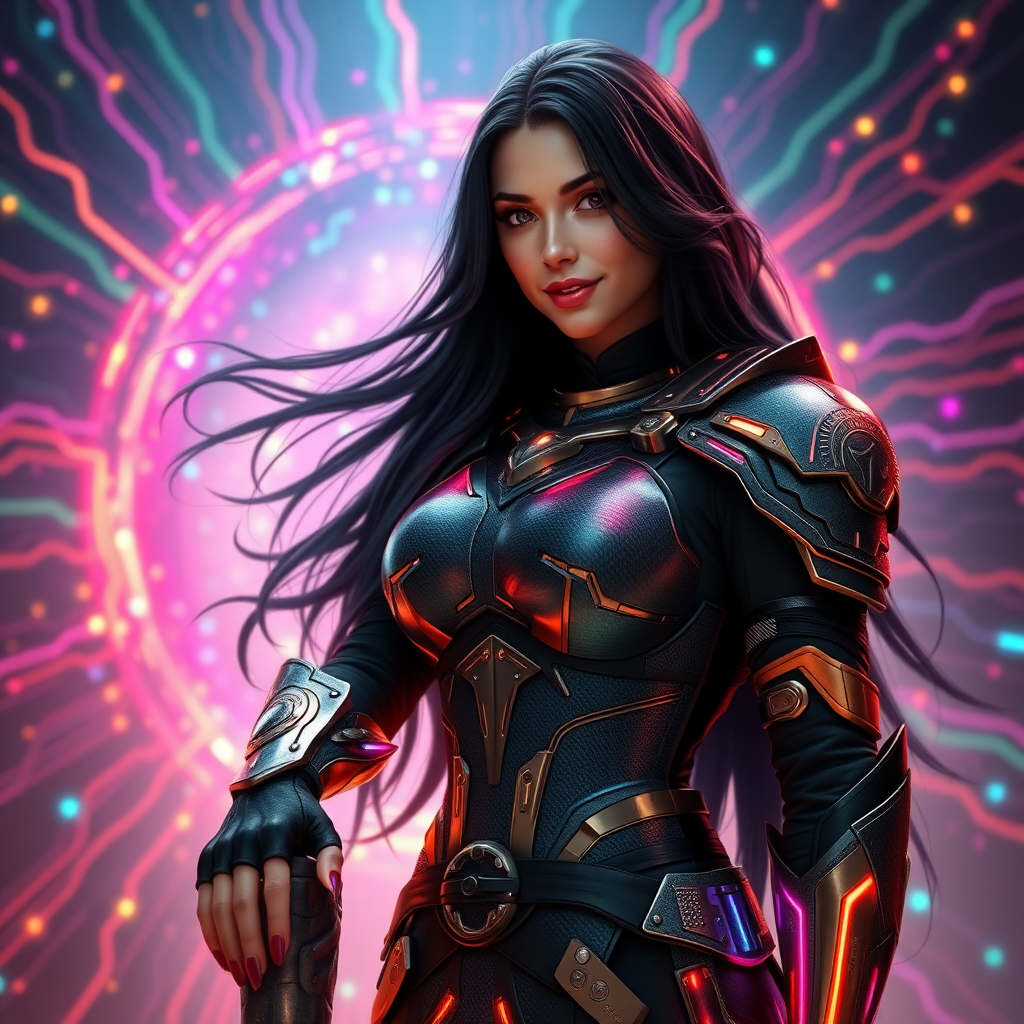 A fierce female warrior with long, flowing black hair, her armor made from carbon fiber etched with glowing rainbow colored circuits, lining strip of RGB led lighting and electronic chip, stands in the heart of a digital nexus. leaning on object, head slightly tilt, looking at viewer smilng, fake nails, nail polish, fingerless gauntlet, Surrounding her is a vortex of luminous circuitry, casting intricate patterns of light on her armor. The scene is rendered with photorealistic detail, the lighting capturing the interplay between the metallic textures and the pulsating rainbow colored energy energy of the digital backdrop. 3d render in unreal engine