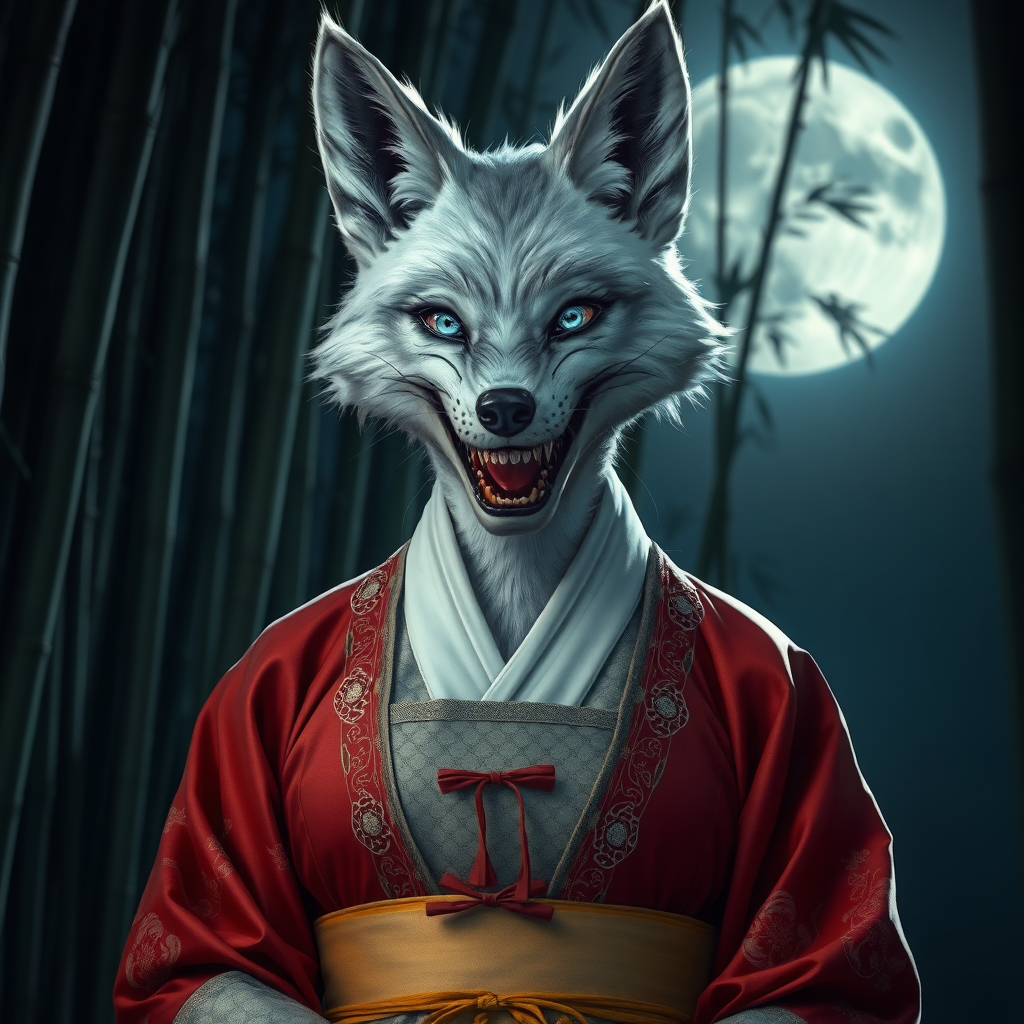 a eerie-looking silverfox with blue eyes in a female Korean big breasted hanbok with baring teeth with blood on the teeth, in front of the full moon in a bamboo forest