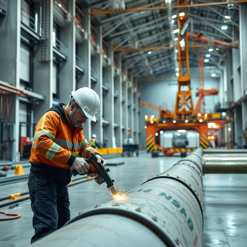 a locksmith cutting gas in a large hall next to his colleague near the oil platform under construction