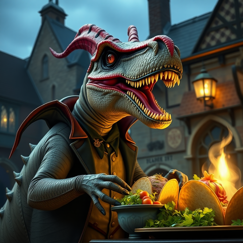 A vampire dinosaur selling tacos in Victorian England, tacky.