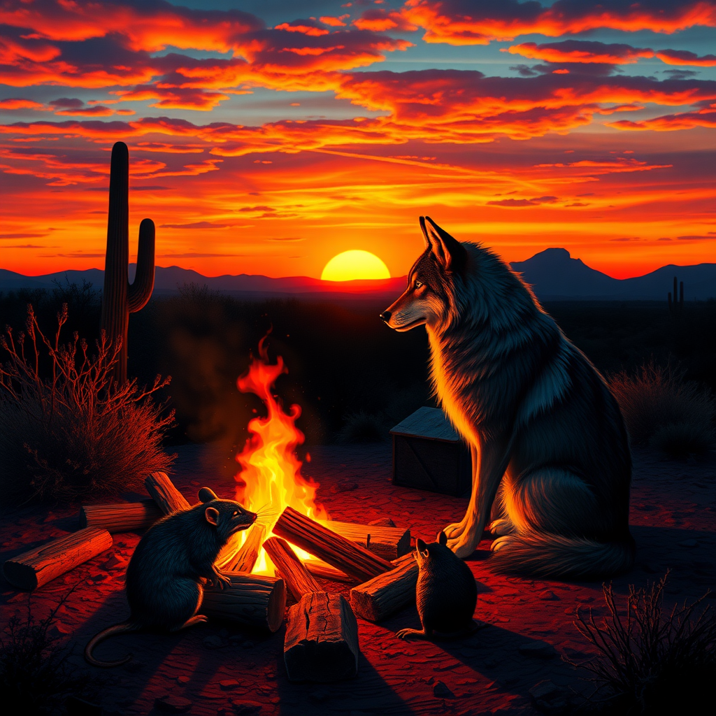 arizona sunset with a wolf and a rat sitting around a campfire looking into the sunset