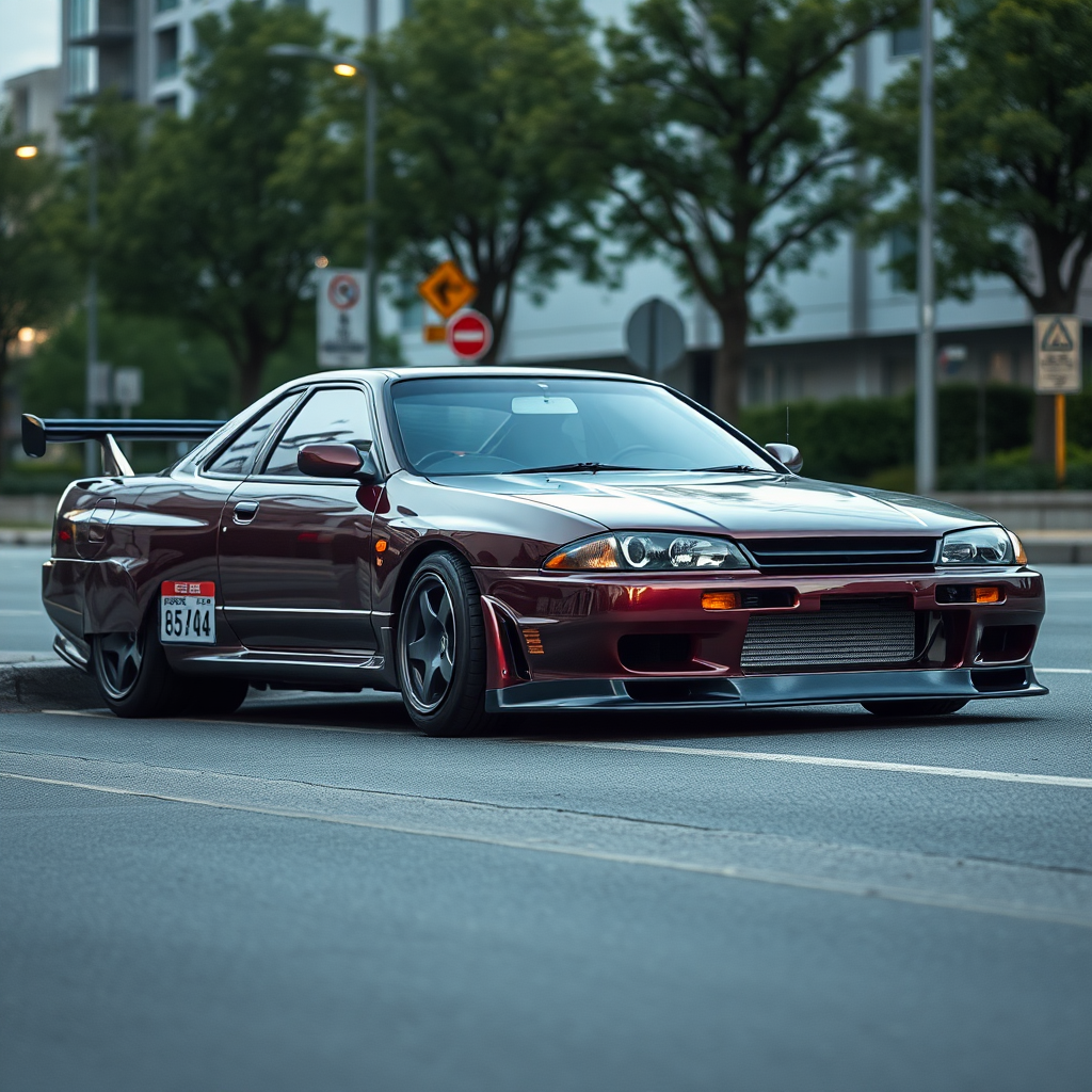 The car is parked on the side of the road, inspired by Taiyō Matsumoto, tumblr, restomod, nd4, c4 metallic shine nissan skyline r34 kalabalik tokyo gece arkaplan