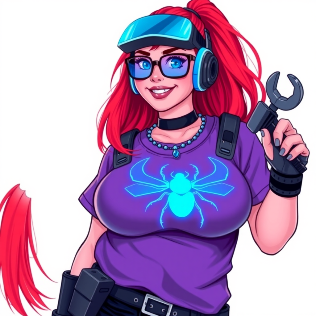 A cyberpunk vigilante’s full-figured intelligent and tech-savvy 29-year-old girlfriend, who is a computer hacker and tech genius. She has a long ruby red ponytail and bright blue eyes. She wears a sapphire beetle gemstone necklace, and an armored oversized Maximum Blue (RGB 71, 171, 204) t-shirt featuring a giant neon blue glowing chest icon of a winged beetle. She has a full-figured physique with a prominent, gargantuan, round midsection, reflecting her well-cared-for lifestyle. The midsection is heavily emphasized. She sports a sapphire headset with hi-tech Maximum Blue (RGB 71, 171, 204) lensed HUD visor, Maximum Blue (RGB 71, 171, 204) lipstick, black eyeglasses, and a beaming smile with a passionate bright red blush. Despite her figure and a lack of self-esteem, she radiates an air of beauty. She has an angular face which contributes to her radiant beauty. She serves as his tech expert from his hideout, holding a holographic tablet and a hi-tech tool wrench. The background is solid white. She is drawn as if she was in a retro 2D cyberpunk fighting game.