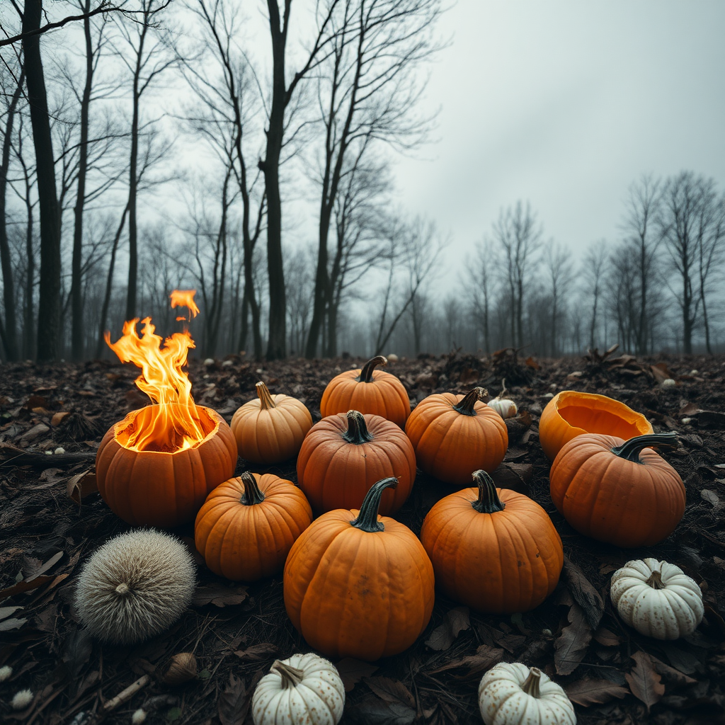 Grey sky afternoon in the autumn. Several Pumpkins in the forest on the ground. They are empty and open to one side where flames come out from the fire burning in all of them. Strange white pompoms are on the ground too. Camera from above, high definition Photography. Shoot from above.