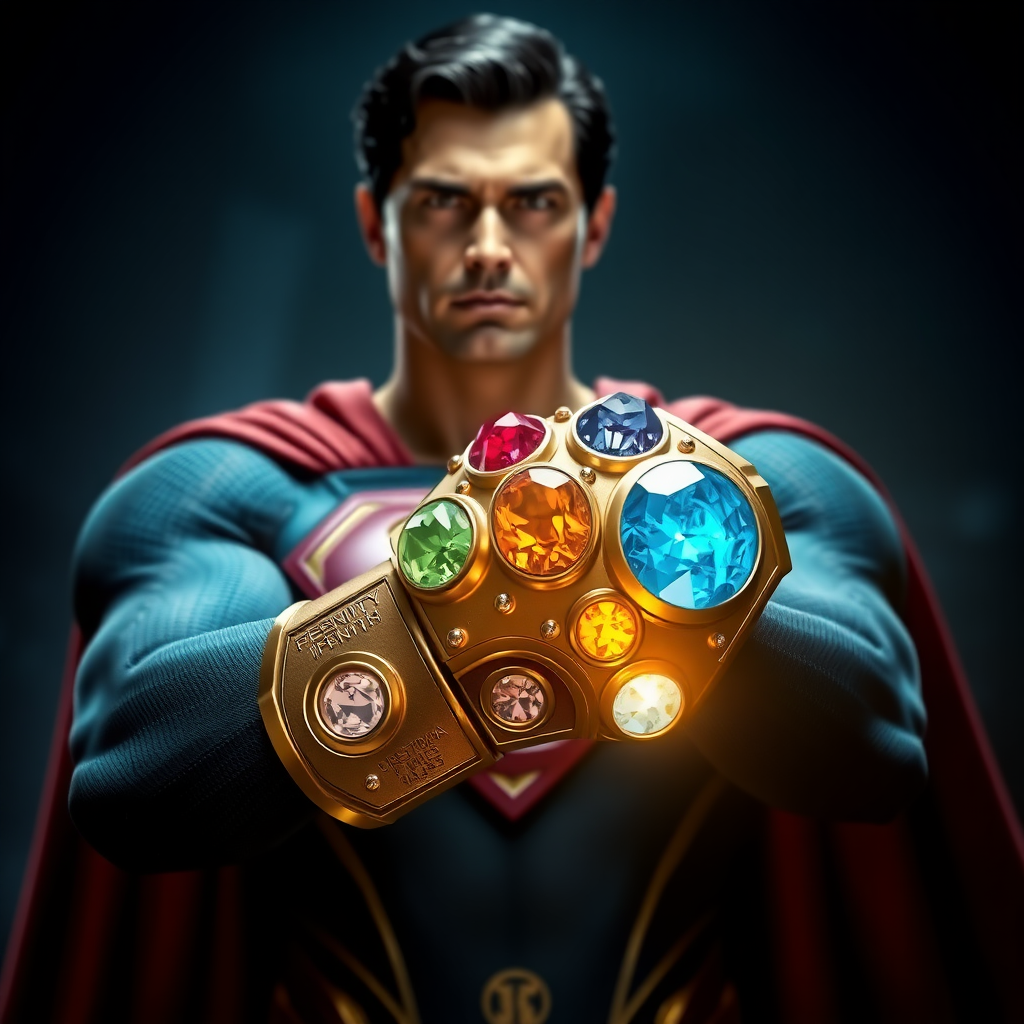 Superman wears the infinity gauntlet with 5 infinity stones. Cinematic Real3d photo-realistic quality.