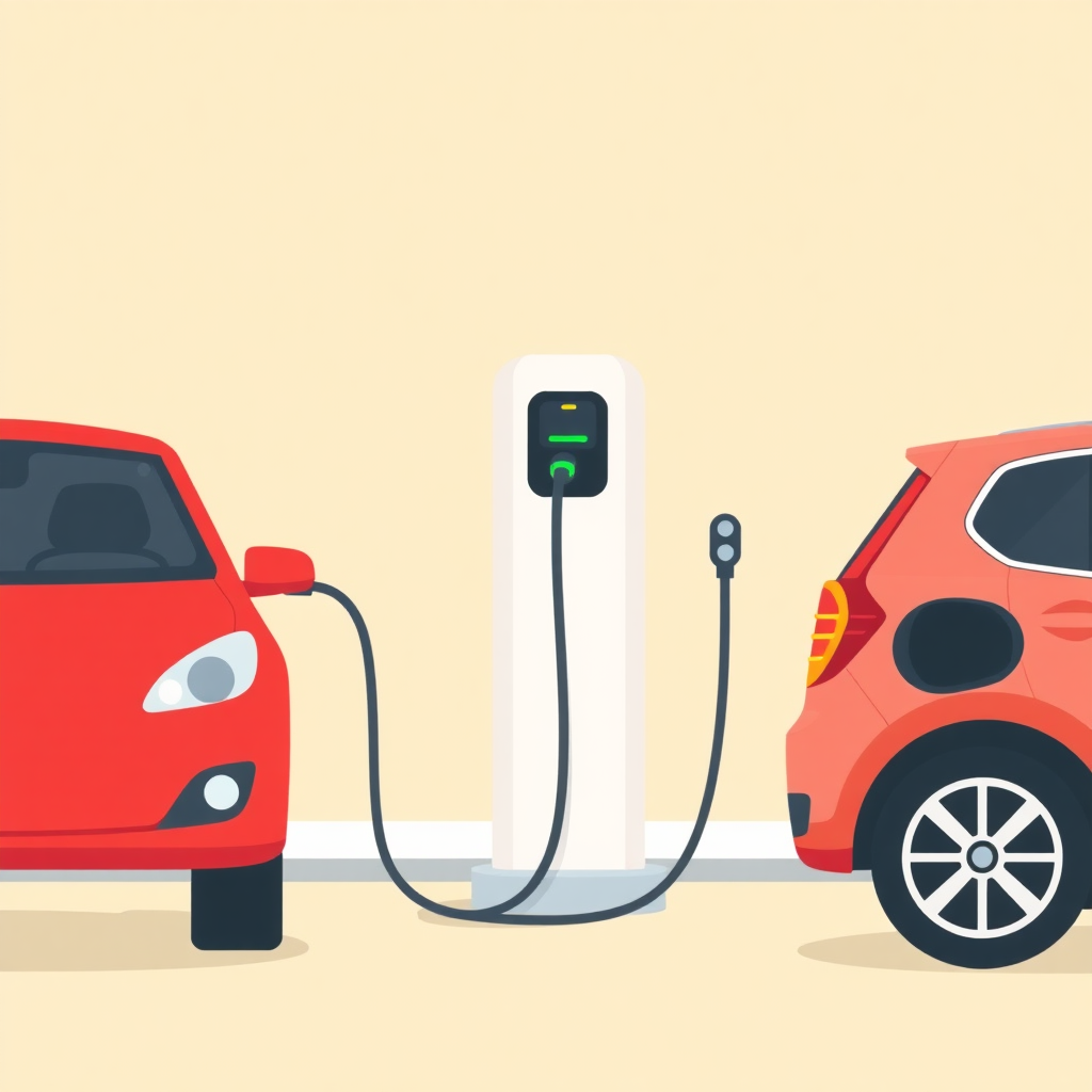 A simple flat illustration of an EV charger with two cars connected.