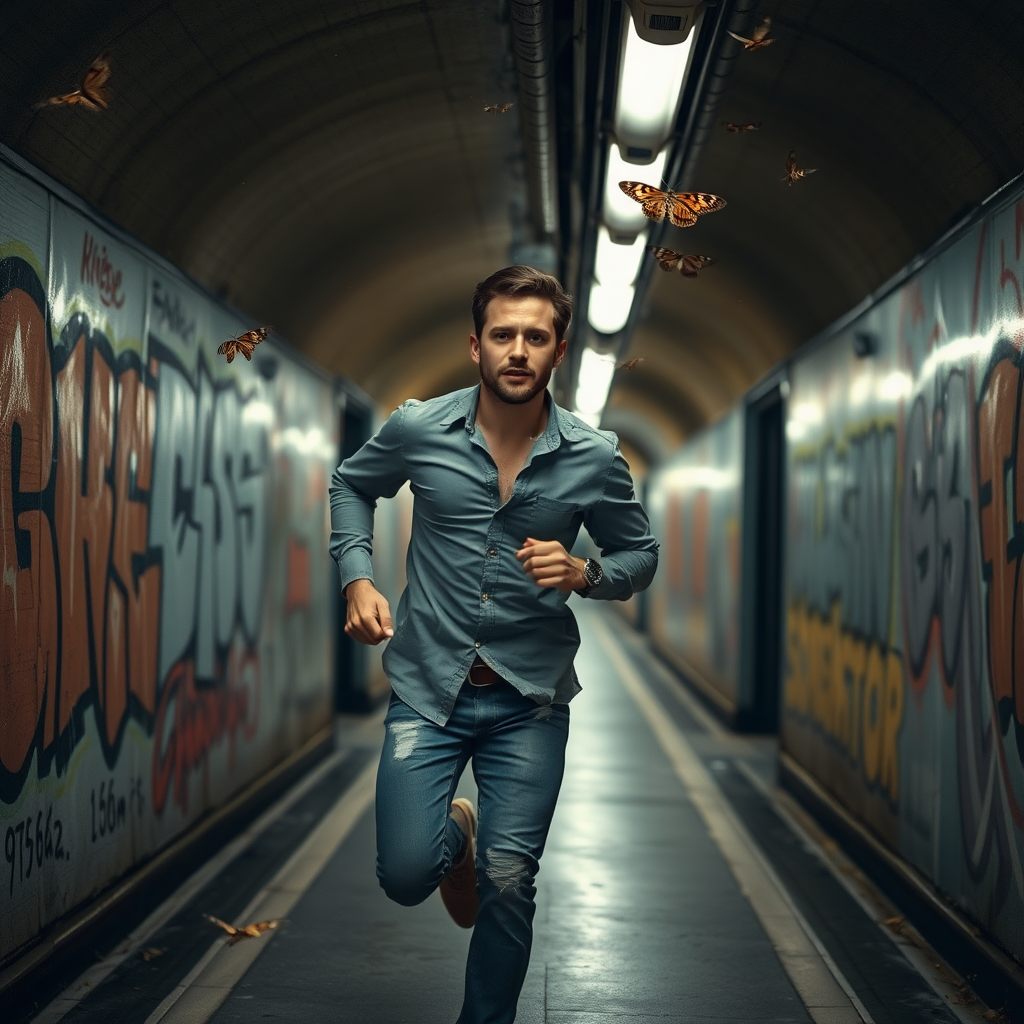 The image shows a handsome man running in a Polish subway with graffiti on the walls on either side. He is wearing a shirt and jeans. There are moths flying in the air and lights illuminating the scene. Cinematic style, very natural skin.