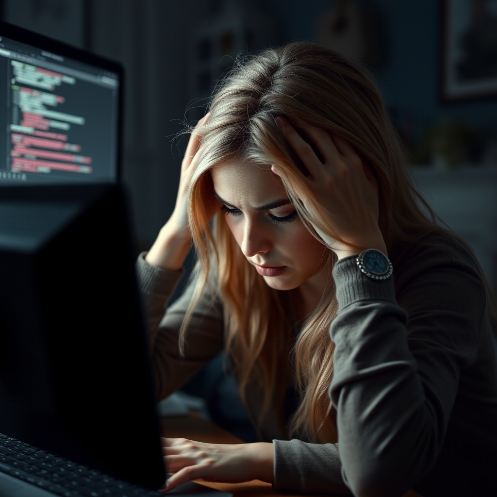 Create a detailed photo realistic scene of a desperate young nice bright blonde girl sitting in front of a computer. Her posture should reflect frustration, with her hands either on her face or gripping her head. Her surroundings are a typical home or office workspace, with dim lighting adding to the tense and stressful mood. The computer screen could show error messages, glitches, or something causing her distress. The woman’s expression should be a mix of anxiety, exhaustion, and very despair and sad and very angry with subtle attention to facial details like furrowed brows or clenched jaws.