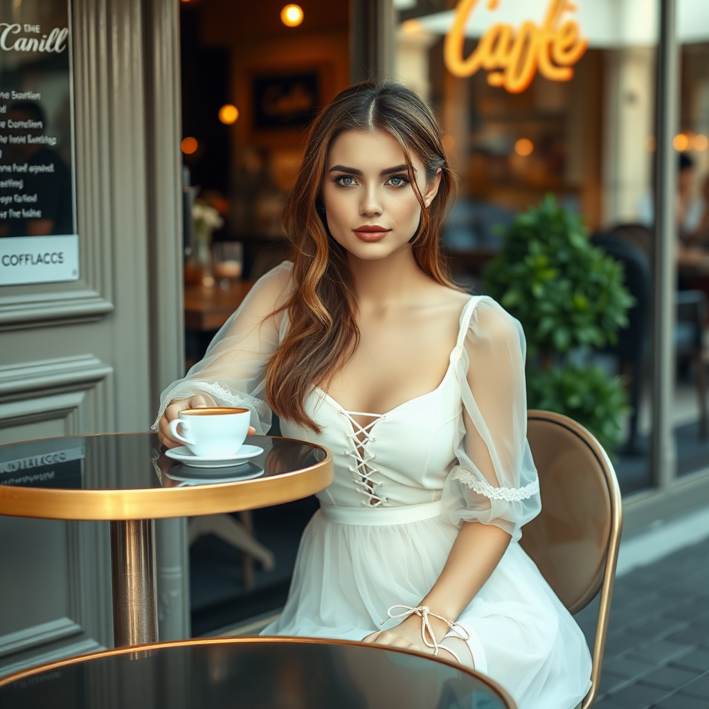 A young woman with brunette hair, pale blue eyes, wearing a translucent white dress and white lace-up high heels. She is sitting in front of a café at a table, with a cup of steaming coffee and a small glass of water on the table. Photo.