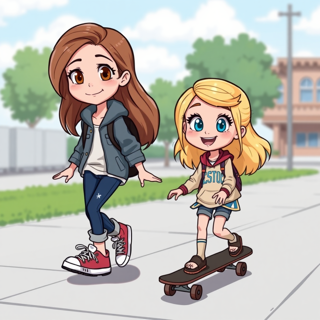 Two cartoon sisters, one a teen with light brown hair and hazel eyes and the other a smaller kid with blonde hair and blue eyes, playing with a skateboard on a sidewalk.