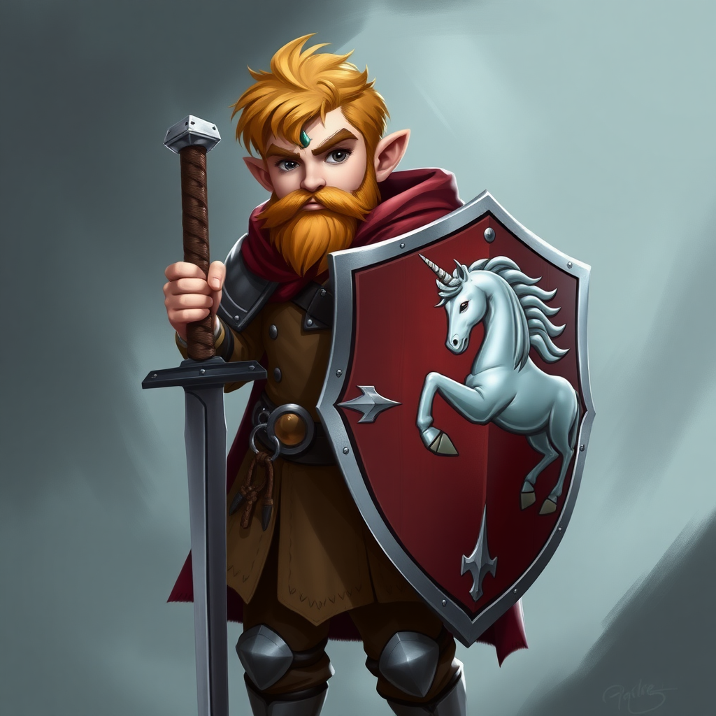 In a fantasy world, a halfling paladin, wearing a shield, high definition, normal and standard appearance, no beard. Character standing upright, sword at the side and shield strapped to the left arm. On the shield, there is a silver unicorn depicted.