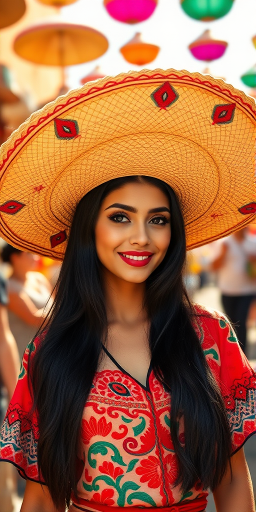 In the vibrant heart of a lively Mexican market, a broad and expansive sombrero hat, adorned with intricate patterns of bright reds and deep greens, casts a soft shadow over the sun-kissed skin of a young lady. Her long, flowing black hair cascades down her shoulders, shimmering in the golden sunlight as she playfully tilts the hat, creating a charming, whimsical aura. The straw of the sombrero is woven tightly, its texture slightly coarse but cool against the warm afternoon breeze. Around her, colorful stalls burst with the scents of freshly made tortillas and sweet churros, and the cheerful sounds of laughter and music fill the air. The young lady stands confidently, her vibrant embroidered blouse billowing softly as she addresses a group of friends, her eyes sparkling with joy and mischief, embodying the spirit of celebration in this bustling scene.