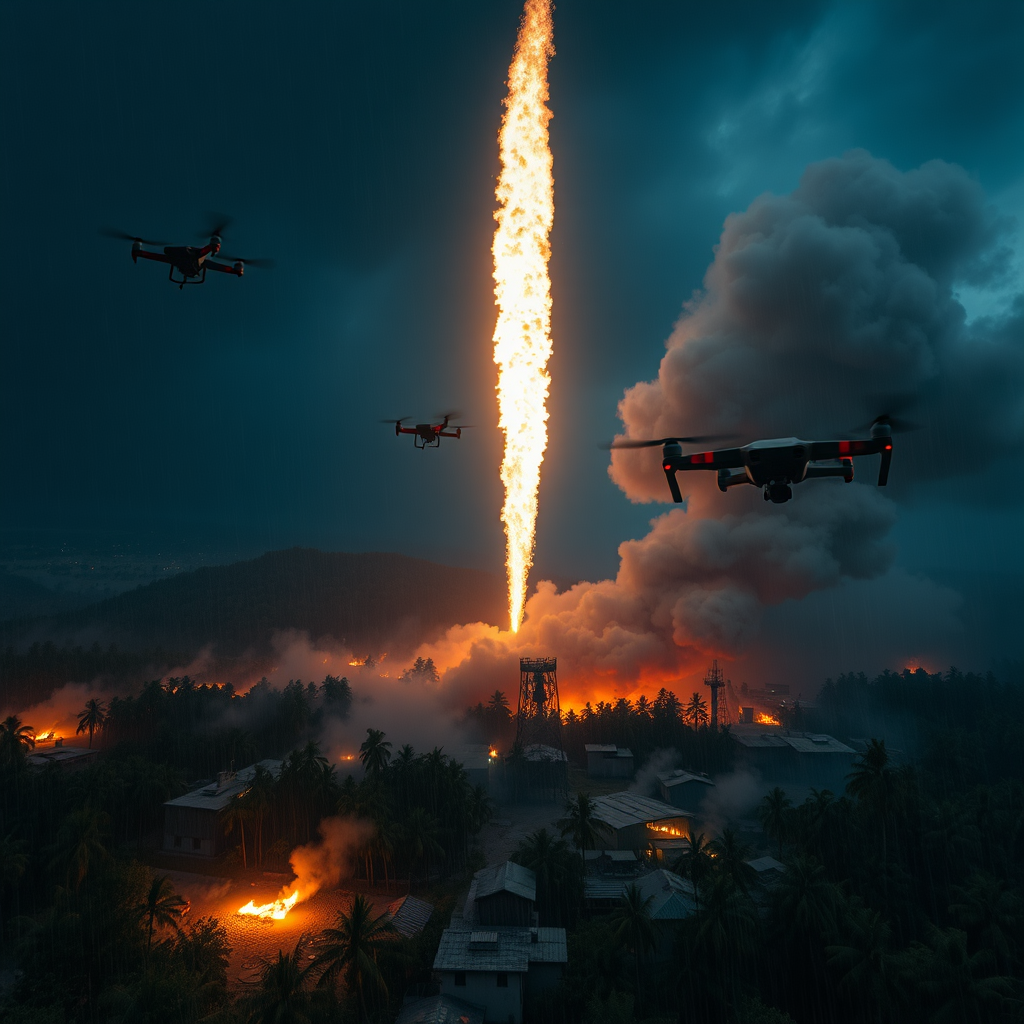 Drones, Tver region, arms depot, a huge fireball shot high into the night sky, continuous fires and huge amounts of thick smoke, jungle, lighting, rainy days, rain, Cinematic Lighting, available light.