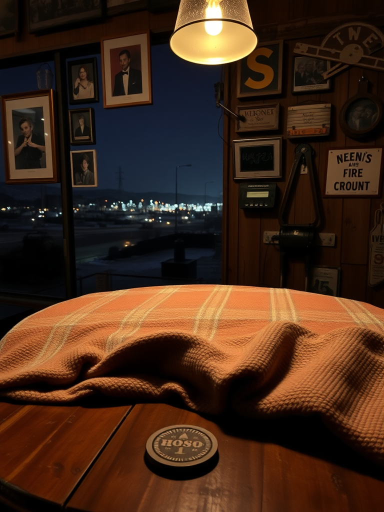 An amateur shot capturing a low, worn wooden lounge bar table, barely visible beneath a cozy, textured blanket that drapes over its surface, creating a warm and inviting atmosphere. A couple of used coasters rest on the blanket, hinting at recent gatherings. The soft glow of a dim overhead lamp casts gentle shadows, enhancing the intimate feel of the scene. In the background, a rustic wooden wall features an eclectic display of artwork and various items nailed to it—framed pictures, vintage signs, and unique decor pieces that reflect the character of the space. This backdrop, rich with personality, contrasts beautifully with the cozy table setting. Outside the window, a serene night landscape merges with a muted cityscape, where distant buildings and light poles softly illuminate the darkness, adding a touch of tranquility to the overall ambiance.