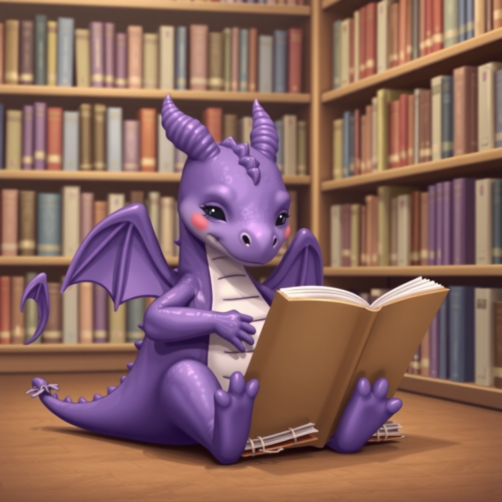 A lazy purple small dragon with two legs, two arms and wings in a library reading from a large book.