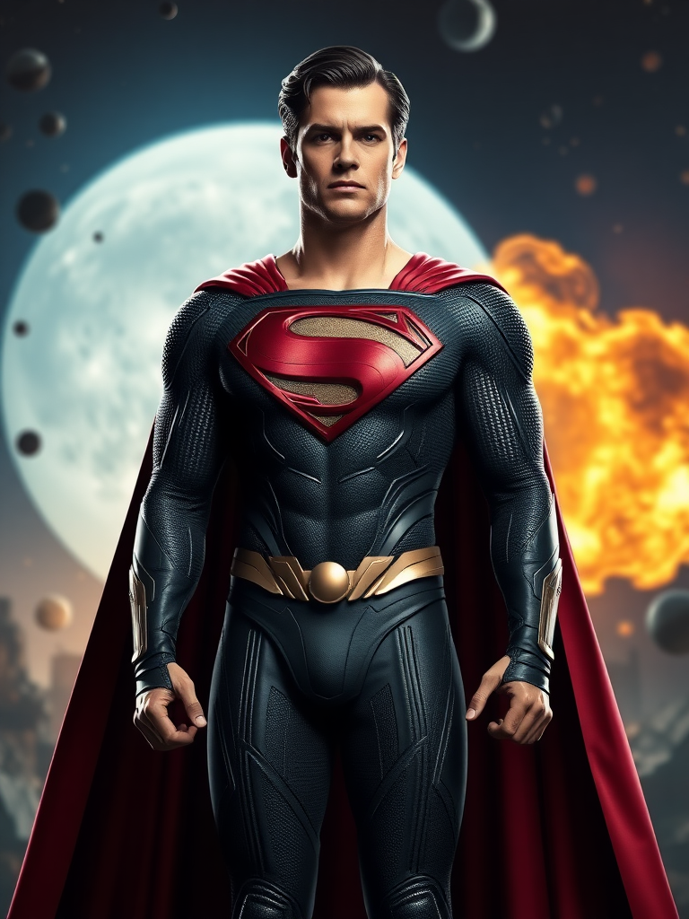 Generate a full-length image of Superman, utilizing Black Canary's female figure for the body. Maintain Superman's head, hairstyle, and facial features. Merge key embellishments from Black Canary's costume into Superman's, adjusting it to fit the new proportions. For the background, blend elements inspired by both characters' worlds.