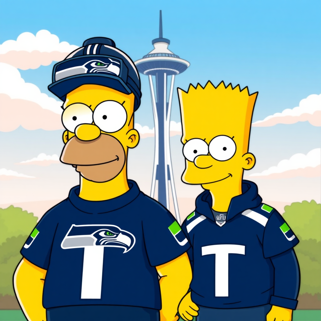 Homer Simpson and Bart Simpson wearing Seattle Seahawk outfit, with the Space Needle in the background.