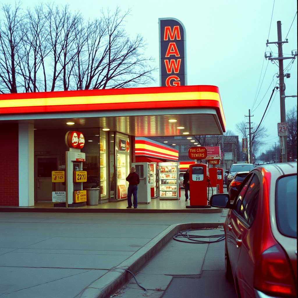 highly detailed Kodachrome color real photograph from 1974 of And the lamb lies down on Broadway Nighttime's flyers feel their pains  
Drugstore takes down the chains  
Metal motion comes in bursts  
But the gas station can quench that thirst  
Suspension cracked on unmade road