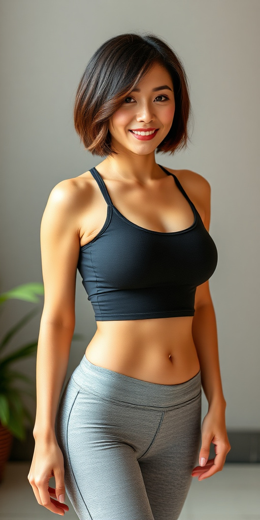 A beautiful Chinese woman, short hair, curvy figure, small chest, yoga pants.