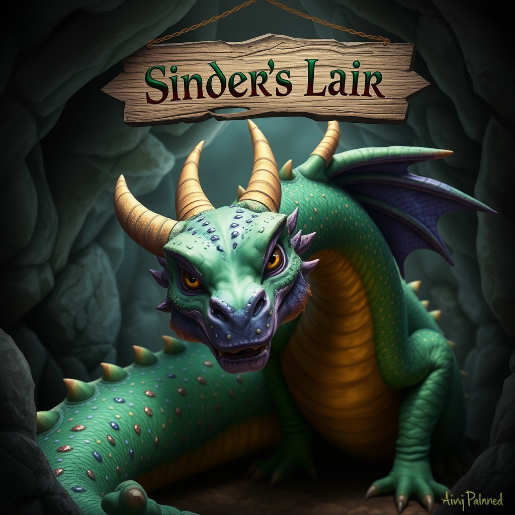 A photo realistic green dragon with rainbow sparkly spots and purple skin and eyes but no horns in a dragon cave with a sign above it that says "Sinder's Lair"