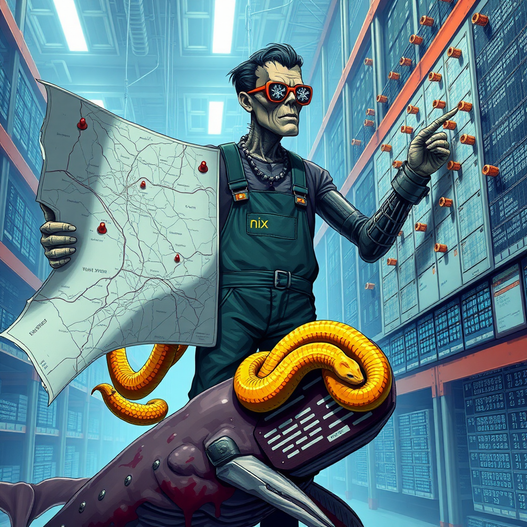 a cyberpunk frankenstein holding a big map in one hand and reaching for marker pins on a high board in a data warehouse, his arms are pythons. In the background are streams of data. His Overall reads "nix". He wears glasses in shape of snowflakes. he stands on a bleeding, dead whale.