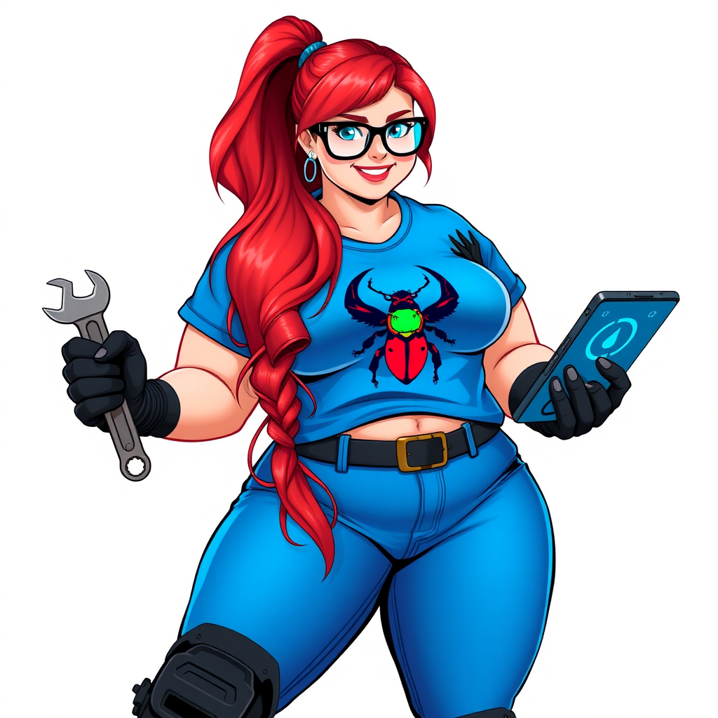 A 28-year-old, full-figured computer hacker and tech wiz, she is the girlfriend of a cyberpunk vigilante. Her long ruby red ponytail, and striking, bright blue eyes make her stand out. Her wrecking ball-sized midsection, sequoia-sized limbs, and broad shoulders define her full figure, which has been heavily pampered by her doting boyfriend. Her nerdiness is blatantly obvious, and she serves as her boyfriend’s tech expert.

As the loyal and supportive sidekick, she plays a crucial role in their missions, using her digital and technological prowess to assist and protect. She wears an oversized maximum blue t-shirt adorned with a maximum turquoise beetle chest icon, black oversized eyeglasses, matching maximum blue biker pants, and black high-tech gloves. She beams with a neon red blush, holding a futuristic wrench and a digital holographic tablet. She is on a solid white background. She is drawn as if she was in a retro 2D cyberpunk fighting game. Her midsection is bloated to emphasize her figure.