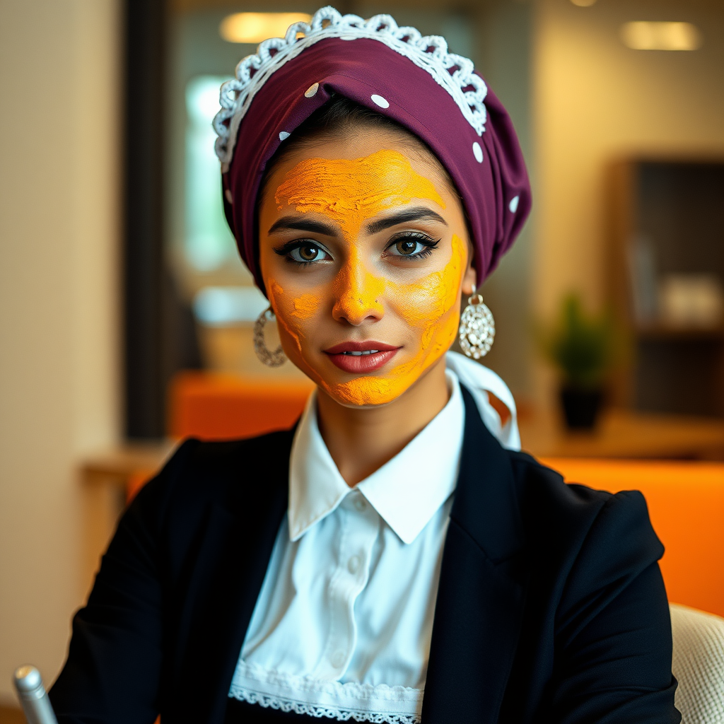 slim, modern, french maid, scarf head, turmeric paste on face, working in office