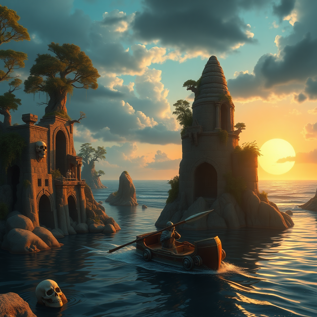 A knight navigating on a river surrounded by interesting rock formation cliffs with foliage, trees, ruins, hanging vines, and sporadic dead skeletons and armor from a dead warrior from a long-ago battle, in the background the ocean in a sunset with a big sun and dramatic clouds.