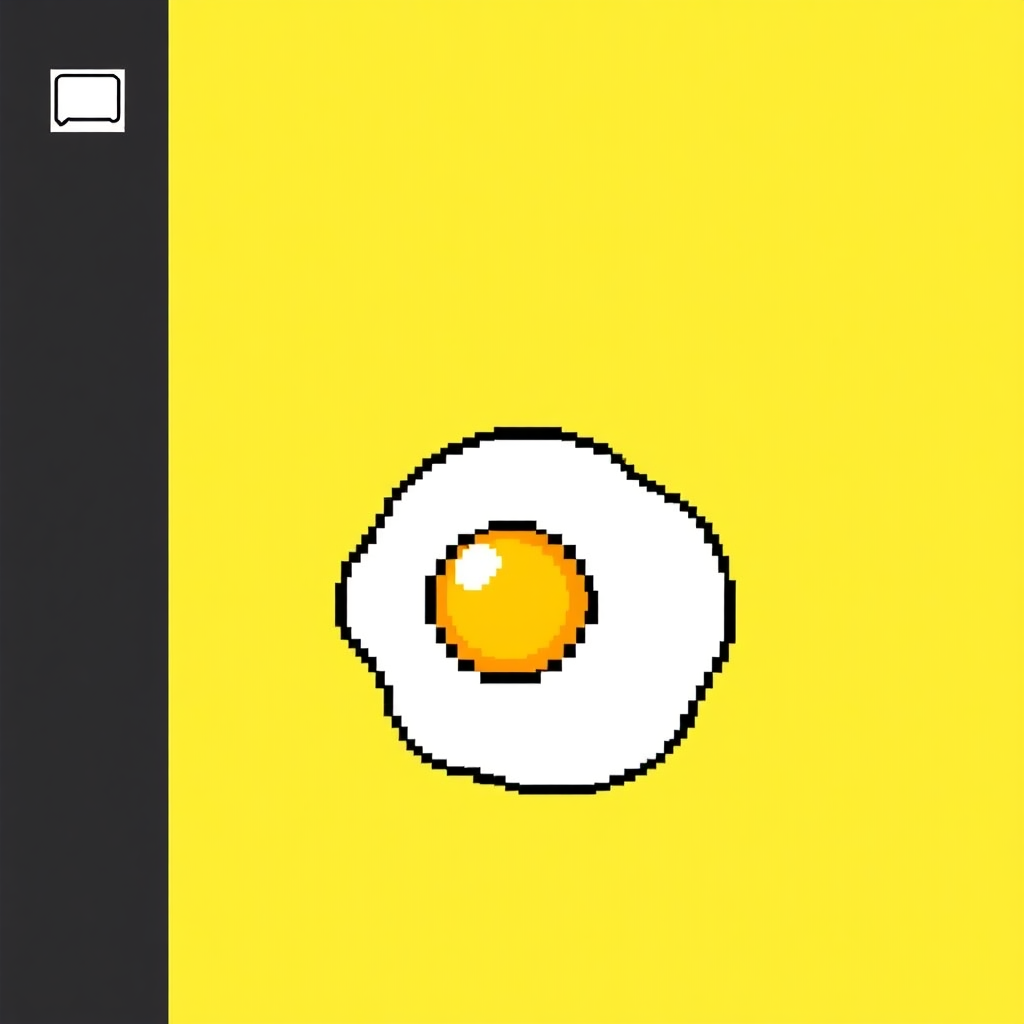 Background Setting: Set the background color to bright yellow.

Egg Design:

Use an 8x8 or 16x16 pixel size.
For the fried egg:
Egg white: Create a round shape in white.
Yolk: Draw a yellow circle in the center.
Add Border: Outline the fried egg with black for better definition.

Add Nickname: Include the text "계란후라이" in a contrasting color (like white or black) and choose a suitable font.

Final Touches: Adjust the colors and placements as needed for balance.